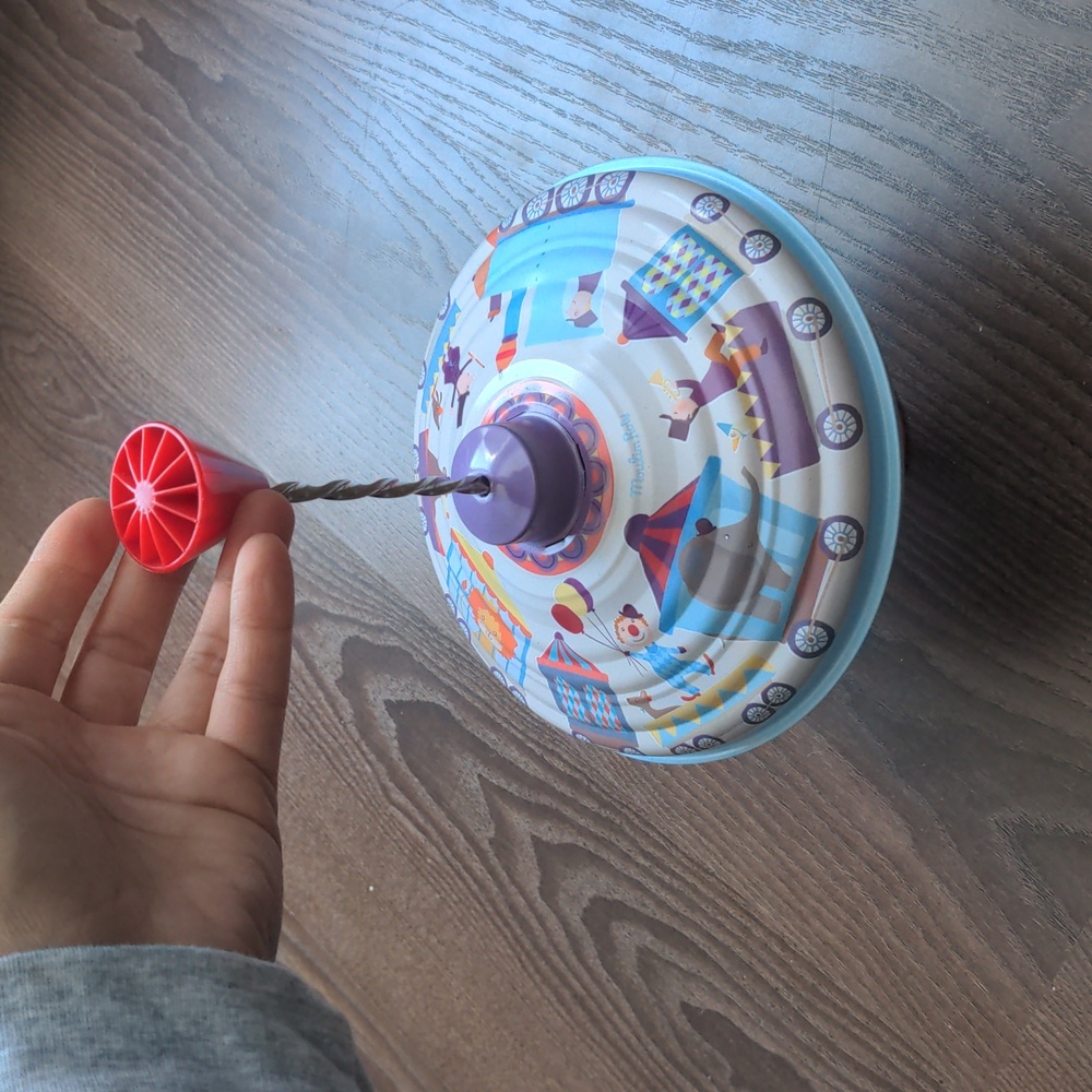 Retro Style Moulin Roty Spinning Top Circus  Theme, Heirloom Toy